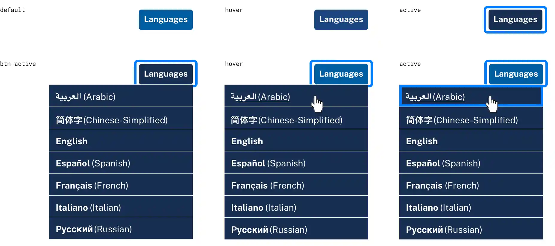 Language selector button with the text Languages shows hover state and a dropdown menu with language options. The selected language in the dropdown is underlined on hover.