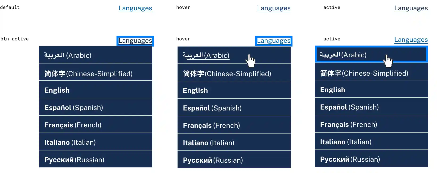 Language selector text reads Languages and shows hover state and a dropdown menu with language options. The selected language in the dropdown is underlined on hover.