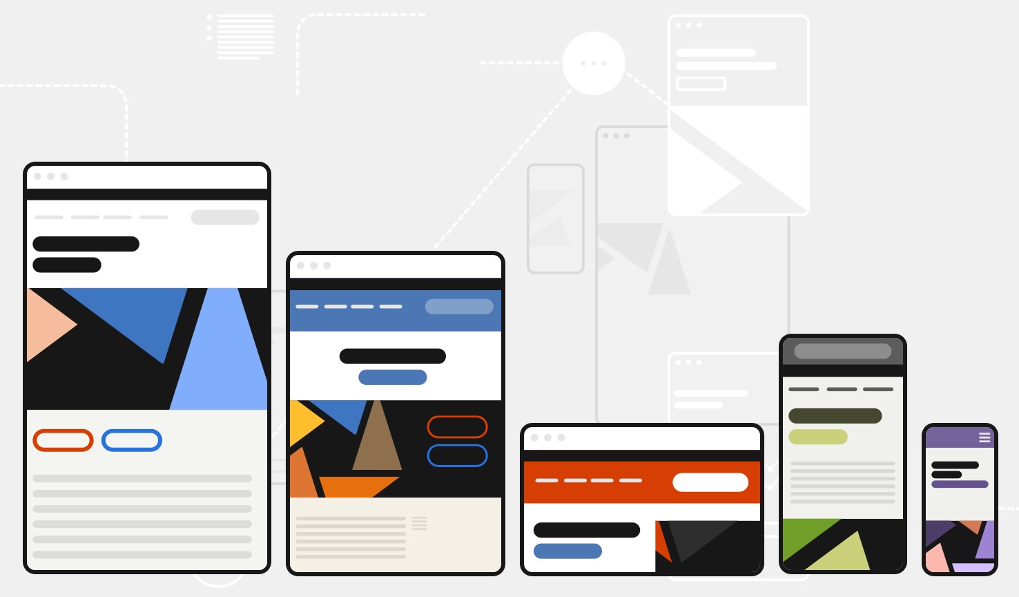 An illustration shows five images of websites at different screen sizes, ranging from small to large — each with a different look and feel.