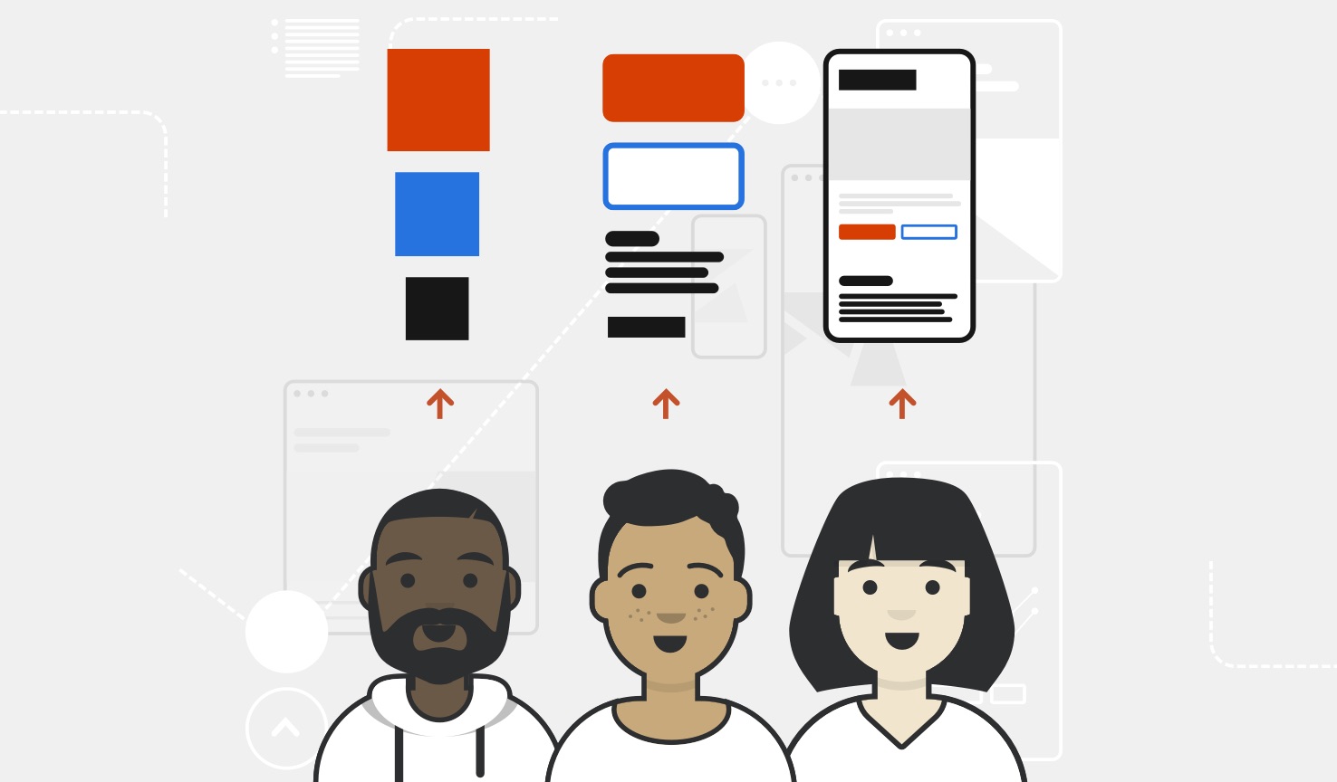 An illustration of three designers and developers using design tokens to communicate their intention. They move from themes to components to a finished website.