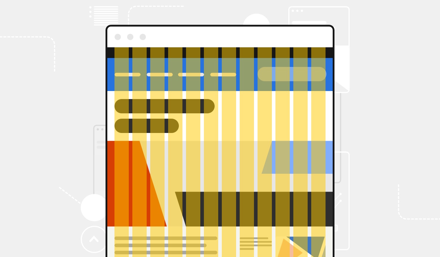 An illustration shows a yellow 12-column grid system overlaid on a colorful website.