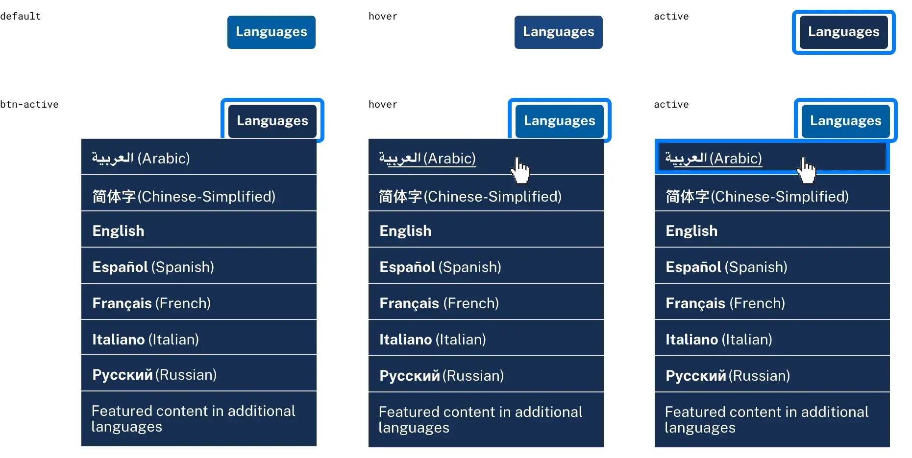 Language selector button with the text Languages shows hover state and a dropdown menu with language options. The selected language in the dropdown is underlined on hover. The last element in the dropdown reads Selected content in additional languages.